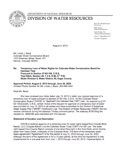 Division of Water Resources approves temporary loan of water for instream flow use