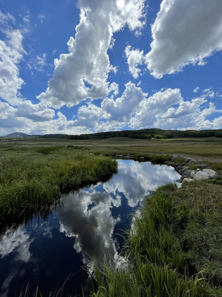Slater Creek flowing through pasture land with clouds overhead